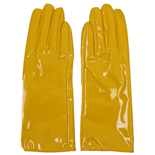 漆皮手套 保暖中长款仿真皮亮黑色丝里内衬镜面金属银色28cm