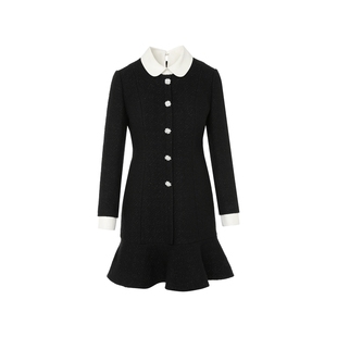 朗姿/莱茵福莱尔高级感气质miu系流光钻扣小香风羊毛连衣裙女长袖