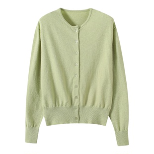 西班牙D！2025秋季简约时尚显白果绿外穿圆领针织开衫毛衣外套女