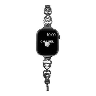适用iwatchS10表带S11双心型链小香风女苹果s9/s8/7/6/5/4代手表applewatch s9金属腕带se3女士高级替换带