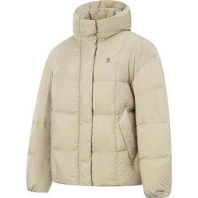 李宁连帽女刺绣休闲中羽绒服