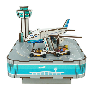 同趣八音盒航空港积木飞机拼装音乐盒童趣DIY航空生日礼物送男孩