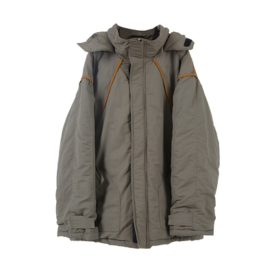 炭灰色线条中长款防风户外棉服