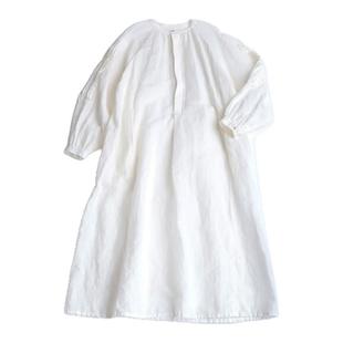 日单外贸原单春夏季宽松棉麻立领长款长袖文艺复古连衣裙