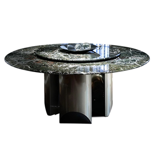 加澄天然普拉达绿奢石餐桌轻奢高端别墅带转盘圆桌天然大理石餐桌