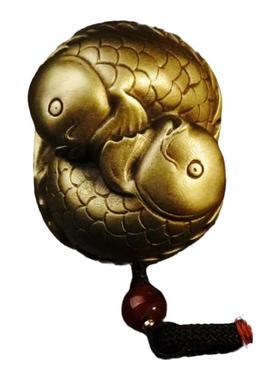 铜臻黄铜双鱼球手把件