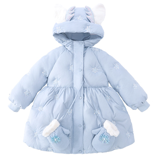 米米哈罗女童杜邦三防羽绒服冬装2025新款儿童长款保暖白鸭绒外套