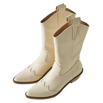 复古风牛皮罗马牛仔靴