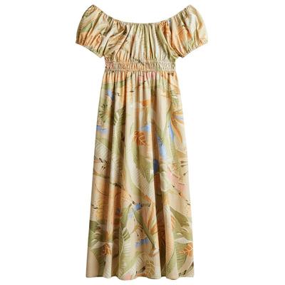 HM女装连衣裙冬季泡泡袖度假风府绸植物印花长裙1275762