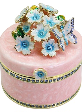 日韩创意饰品珐琅工艺蝶恋花圆盒彩釉合金首饰盒珠宝收纳盒