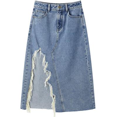 乐町2024夏季新款毛边开叉牛仔长裙C1GFE2612