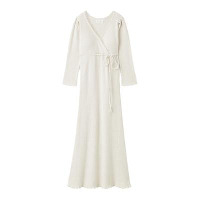 长袖V领系带长款针织睡裙