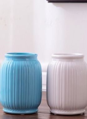 新品 生产供应罗马条纹简代美式蓝色陶瓷花瓶摆件 4号白+蓝