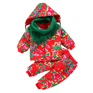 冬季宝宝东北大花棉袄加绒加厚过年服儿童棉衣棉裤套装三层保暖