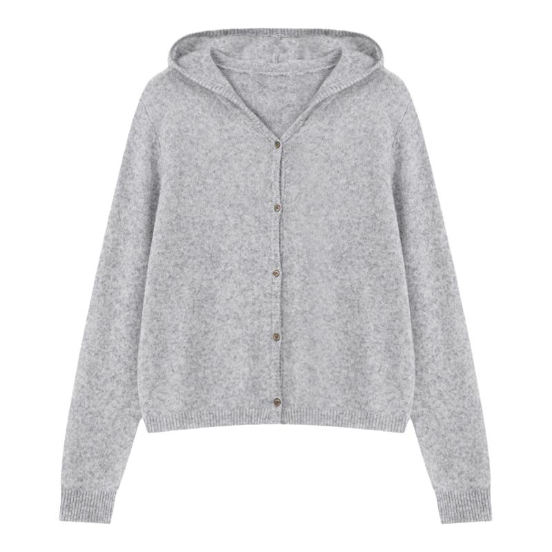 Basic House/百家好灰色连帽简约针织开衫女秋季舒适宽松百搭外套