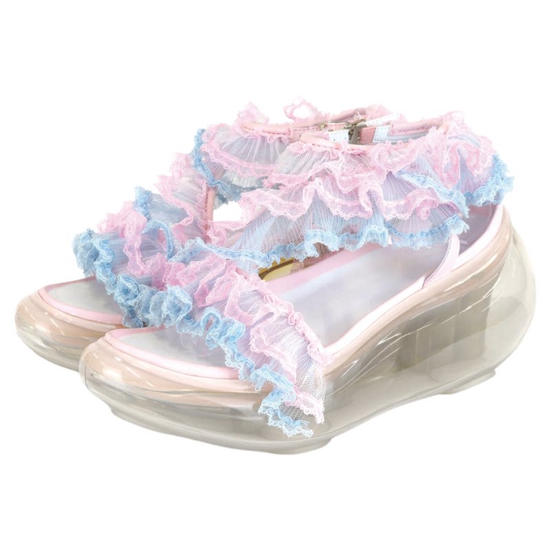 【限量新品】日本JennyFax女士新款撞色蕾丝凉网纱增高休闲凉鞋