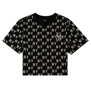 24新款MLB短袖女NY刺绣复古老花满标短款休闲运动T恤3FTSM1843