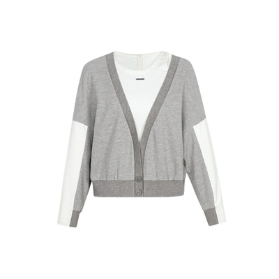 XG雪歌XJ107007B584撞色假两件短外套2025春季新款露肩长袖外套女