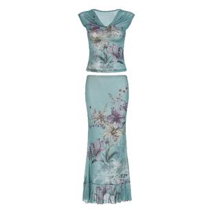 小菊川栗/清婉紫鸢裙 鸢尾花复古中式荡领修身套装上衣+鱼尾长裙