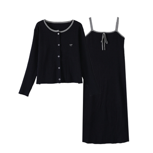 2026新款孕妇连衣裙套装春夏季时尚撞色大码针织外套吊带裙两件套