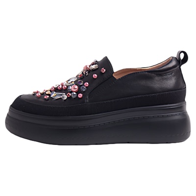 原创设计真皮女鞋深口轻便黑色百搭通勤休闲鞋水钻厚底舒适松糕鞋