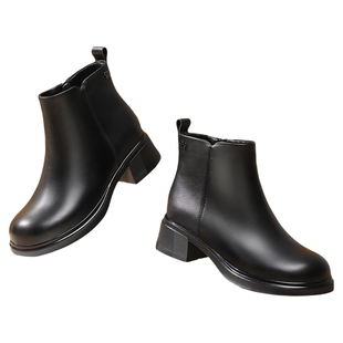 奥康 女鞋秋冬季新款加绒保暖真皮粗跟短靴侧拉链瘦瘦靴切尔西靴L