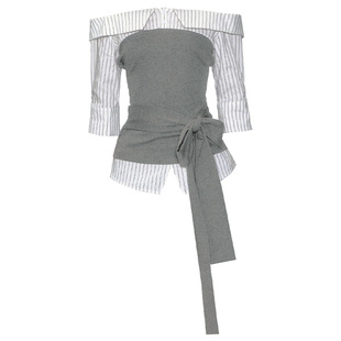 fragileheart易碎商店·街春信 衬衫拼接一字肩T恤绑带上衣短袖秋