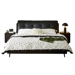 全友家居实木框架1.5m单人真皮床主卧黑色软包1米8双人牛皮大床