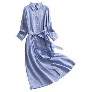 蓝色条纹翻领衬衫裙系带显瘦2025秋季新款长袖收腰气质连衣裙V644