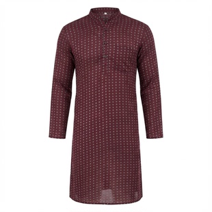 印度进口男装宽松纯棉传统正宗民族服饰波点印花酒红色新款