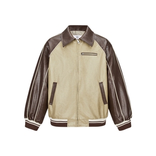 SLY 2024早春新品复古美式校园风撞色皮质夹克外套030HSI30-0420