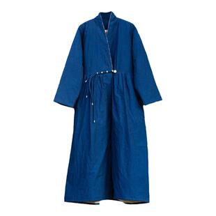 廓形版蓝色进口马棉长款棉服女 知笔墨冬夹棉加厚气质显瘦大棉袍