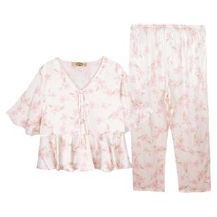美标夏季新品女士真丝睡衣短袖长裤套装桑蚕丝家居服宽松韩版短款