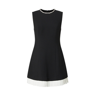 摩萨克夏款撞色百褶裙摆立体钻饰领小香风无袖短款连衣裙女