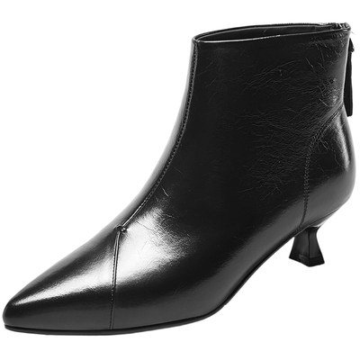 意尔康细高跟羊皮踝靴女2025冬新款后拉链加绒瘦瘦靴尖头短靴真皮