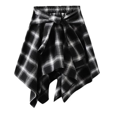 假两件格子系带半身裙