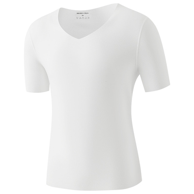 德绒磨毛白色短袖T恤男士加绒加厚内穿打底半袖体恤圆v领秋冬季