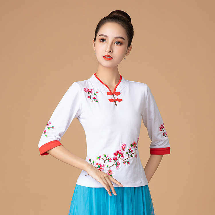 立领广场舞上装新款五分袖舞蹈衣女秧歌跳舞表演演出练功服棉春夏