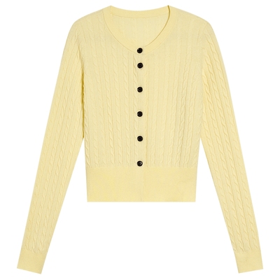 YINER音儿专选2025冬季新款樱草黄丝光羊毛绞花肌理圆领针织开衫