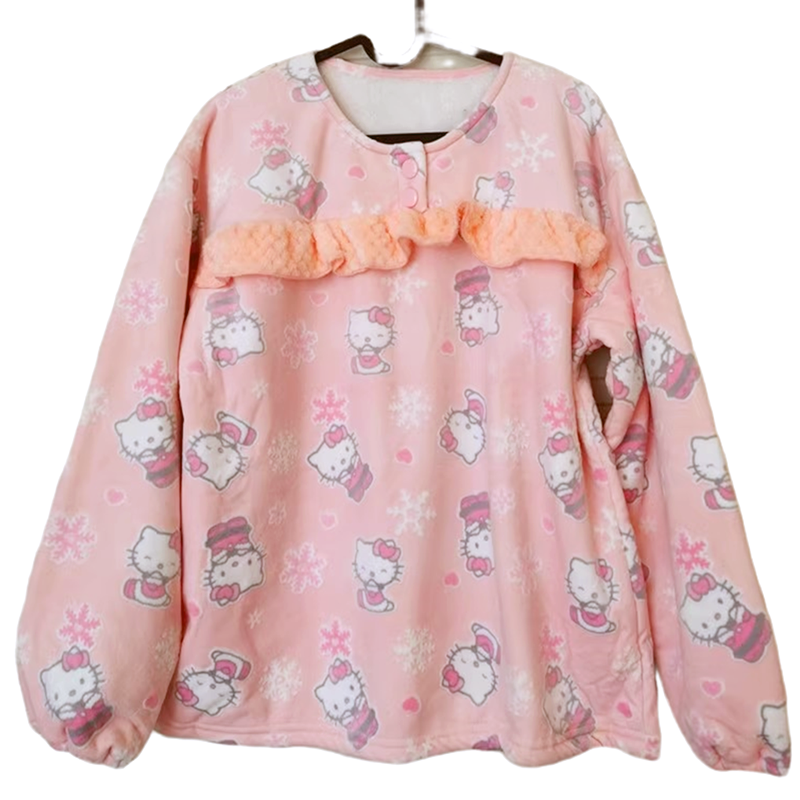 原单女式日本加厚天鹅绒复合羊羔绒hello kitty保暖家居服套装