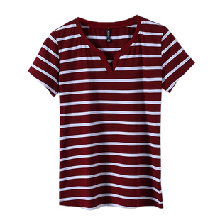 v领短袖t恤女2025年夏季新款修身莫代尔打底衫内搭半袖条纹上衣潮