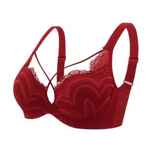 安娜蜜语红色本命年大码内衣薄聚拢大胸防下垂性感蕾丝文胸套装女