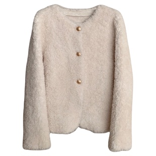 韩系圆领小金扣短款100羊羔毛皮毛一体2025冬新款皮草女毛毛外套