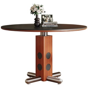 中古风岩板圆桌复古金属腿圆形餐桌北欧包豪斯实木波尔卡岩板饭桌