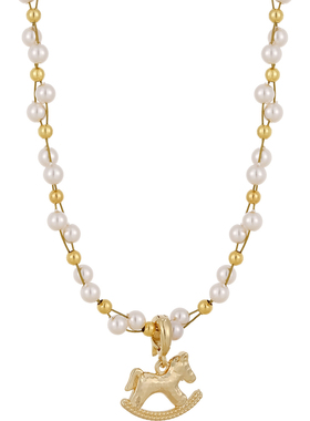 金色碎碎冰小马吊坠珍珠串珠项链