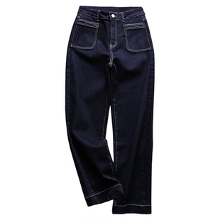 撞色明线对称口袋高腰显瘦烟管裤2025秋季新款直筒裤女牛仔裤B004