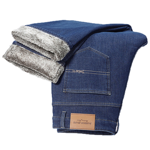 冬天雪狐绒男士牛仔裤加绒加厚宽松直筒弹力休闲商务中年保暖男裤