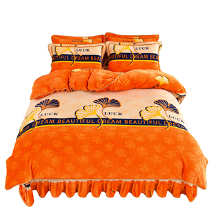 冬季加厚牛奶绒四件套2025新款银杏叶双面法兰珊瑚绒被套床裙床单