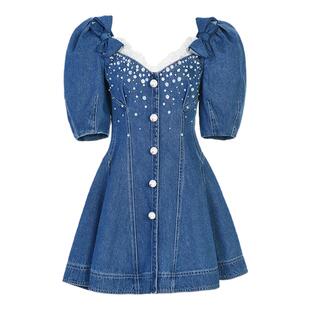 lefame拉飞姆时尚钉珠修身显瘦小个子牛仔连衣裙女