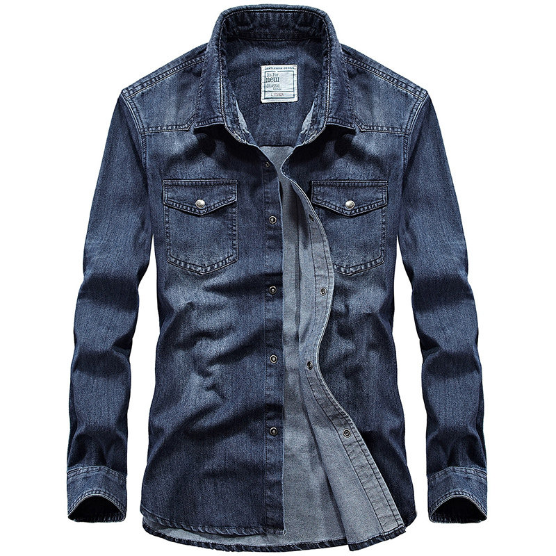 春秋装男士牛仔衬衫男长袖宽松大码上衣复古寸衫外套青年休闲衬衣